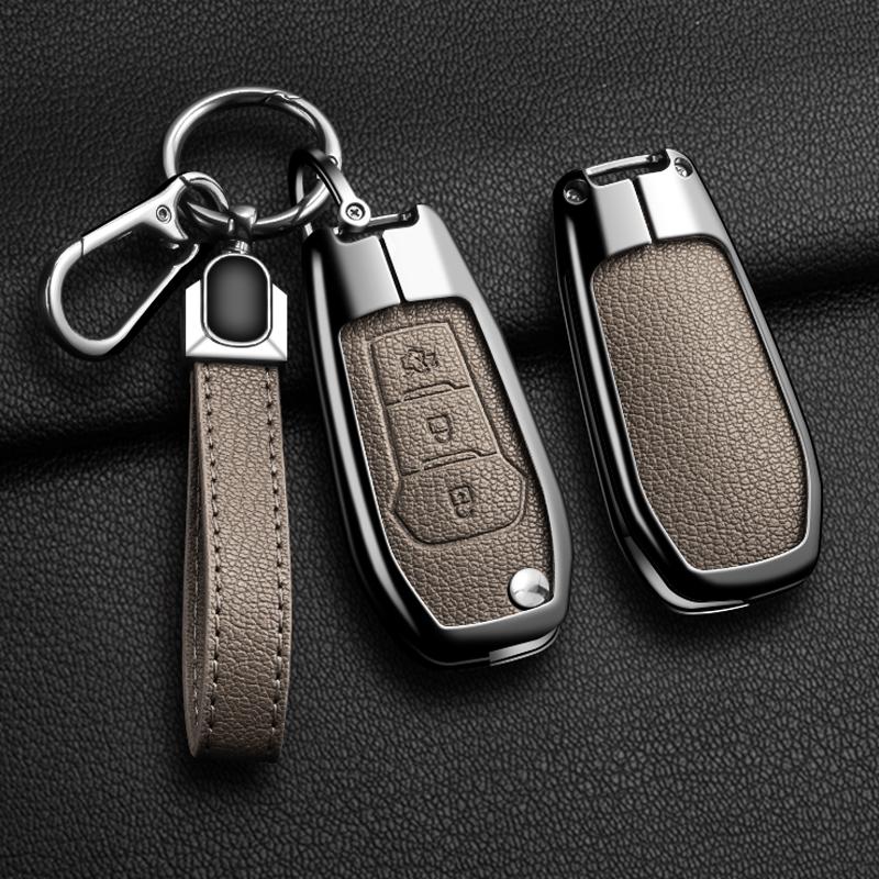 Metal Leather Flip Remote Fob Car Key Case Cover Holder Shell For Ford F-150 F-250 F-350 Explorer Ranger Ka Fiesta Ecosport