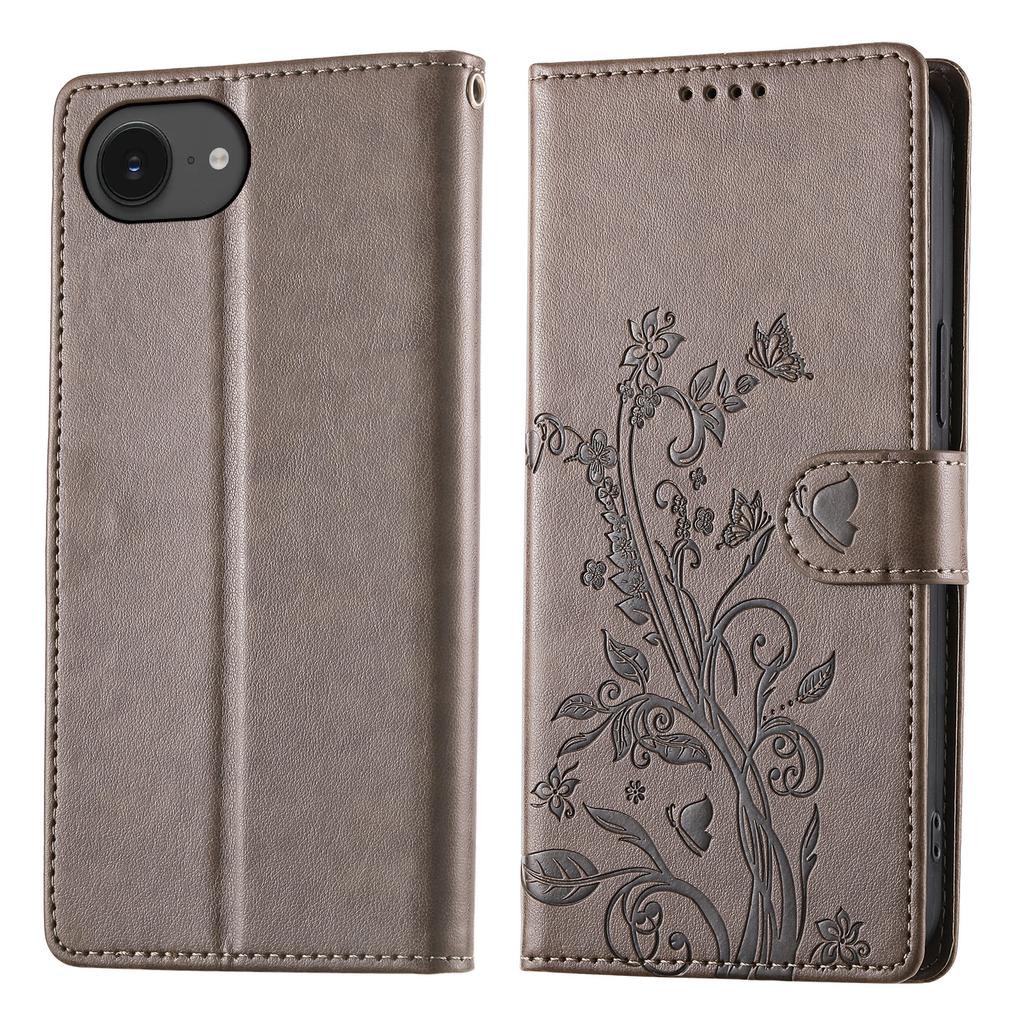For iPhone 16e Wallet Case Butterfly Floral Imprint PU Leather Phone Cover with Wrist Strap