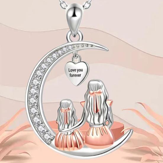 Love You Forever Moon Necklace for Women Mom Daughter Sitting On The Moon Pendant Necklace Jewelry Gift for Christmas Valentine's Day Birthday