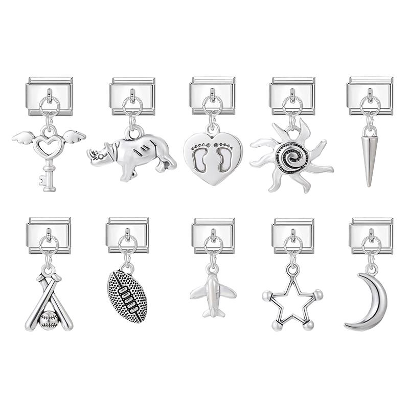 Fashion Magic Wand Heart Sun Baseball Rugby Pendant Italian Charm Link Fit 9mm Stainless Steel Bracelet DIY Making for Men Women