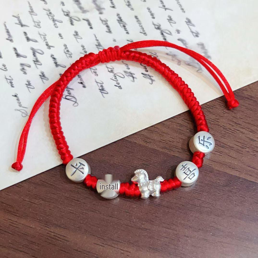 Sterling Silver Peace & Joy Bracelet: Woven Red Rope with Zodiac Year Symbol, Small Horse Ornament, Couple Style for Men & Women.