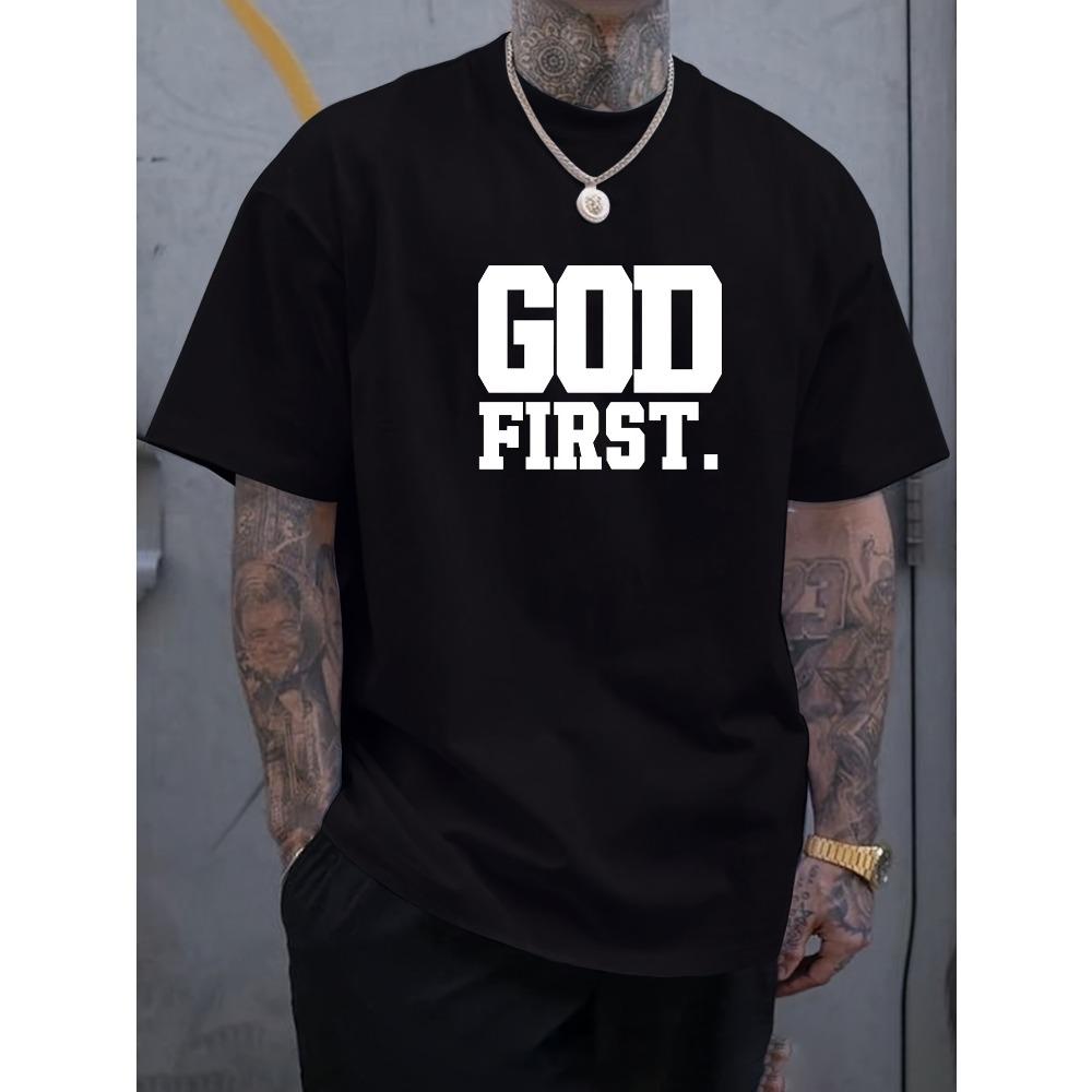 Summer Cotton Men's Fashionable Casual GOD FIRST Letter Pattern Printed Loose Round Neck T-shirt Top