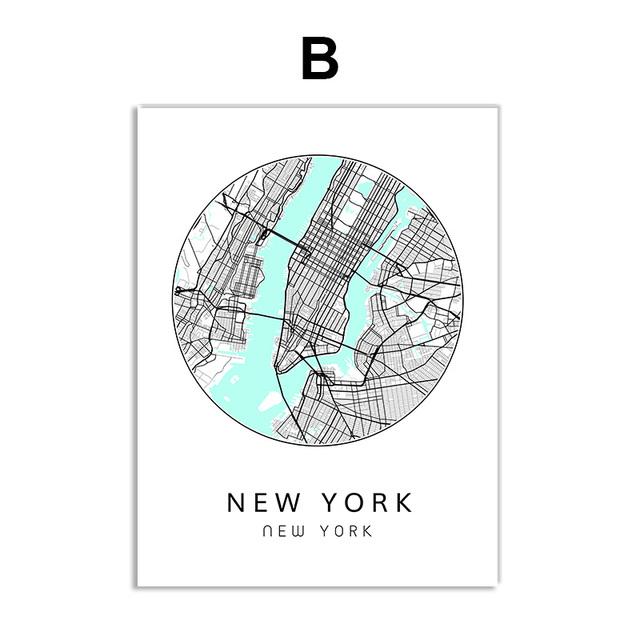 Nordisches minimalistisches Leinwandbild, Weltkarte, Poster, Bosten Landon, New York City, Wandkunst, Heimdekoration, Zitate, kein Rahmen