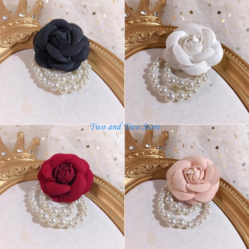 HX6F Vintage Camellia Brooches for Woman Buckle Pin Wedding Hand Flower Pearl Brooch Pin Fashion Clothing Jewelry Accessories