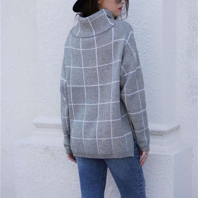 IHUASU Women's Autumn and Winter High Neck Pullover Loose Commuter Knit Sweater Plaid Fashion Jumper