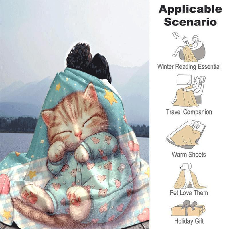 1pc Cartoon Cat Printing Lightweight Flannel Blanket, Comfortable and Warm Blanket, for Camping Sofa Bed and Couch Office, Gift