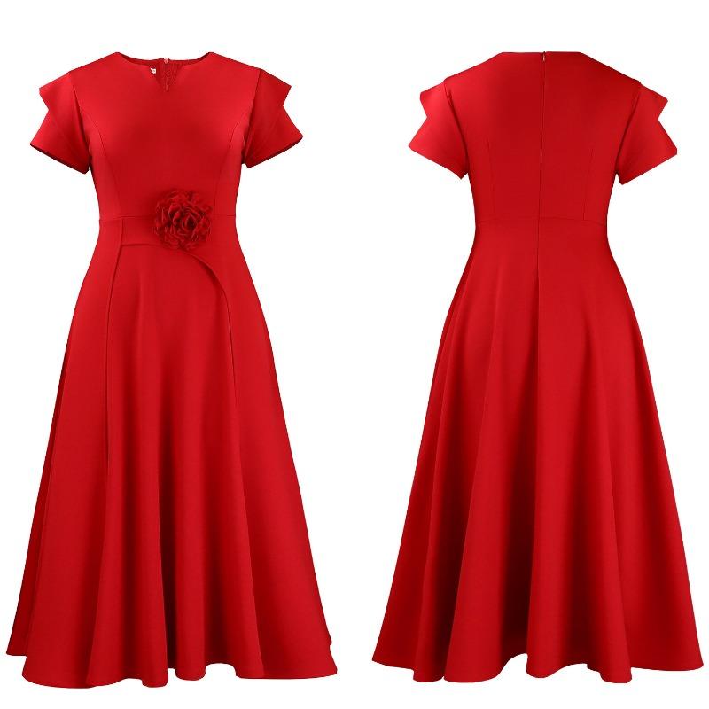 Plus Size High Waist Mid Length Big Hem Elegant A Line Women Summer Dress