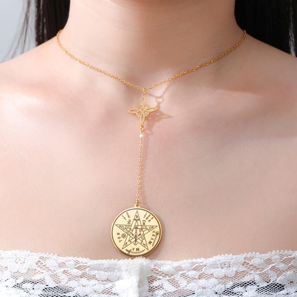 Dawapara Tetragrammaton Pentagram Necklaces Witches Knot Pendant Wiccan Protection Amulet Stainless Steel Jewelry