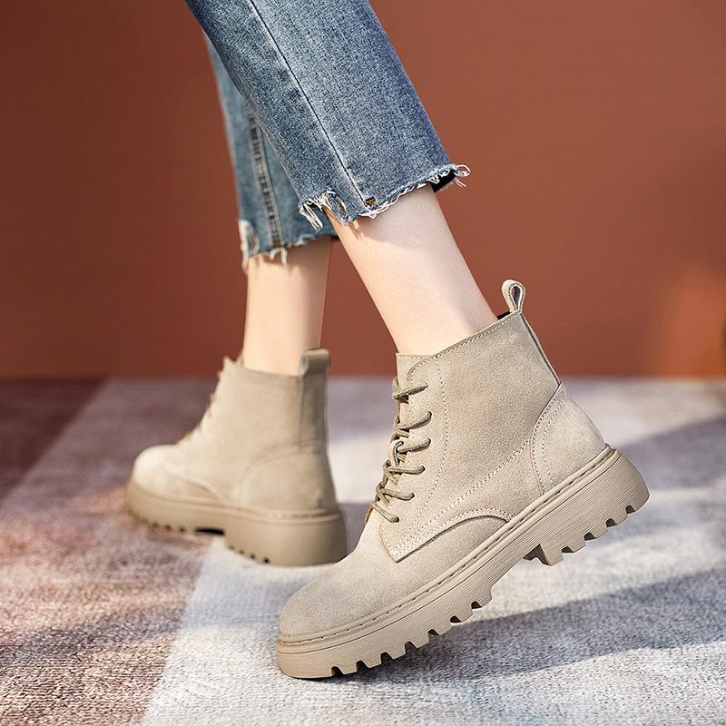 Women Genuine Leather Short Boots Round Toe Cow Suede Leather Handmade Retro Street Style Winter Warm Flats Ankle Boots