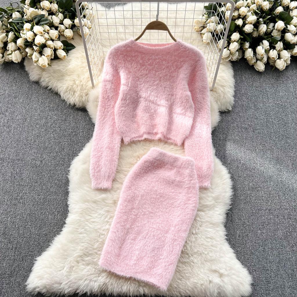 Autumn And Winter Plush Waist Short Section Knitted Sweater Plus High-Waisted Half-Body Skirt Temperament Two-Piece Suit Woman