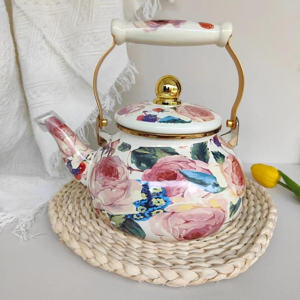 Emaille-Teekanne im chinesischen Stil 2,5L/1,5L, Anti-Verbrühungsgriff, Gasherd-Kessel, birnenförmige florale Emaille-Kaffeekanne
