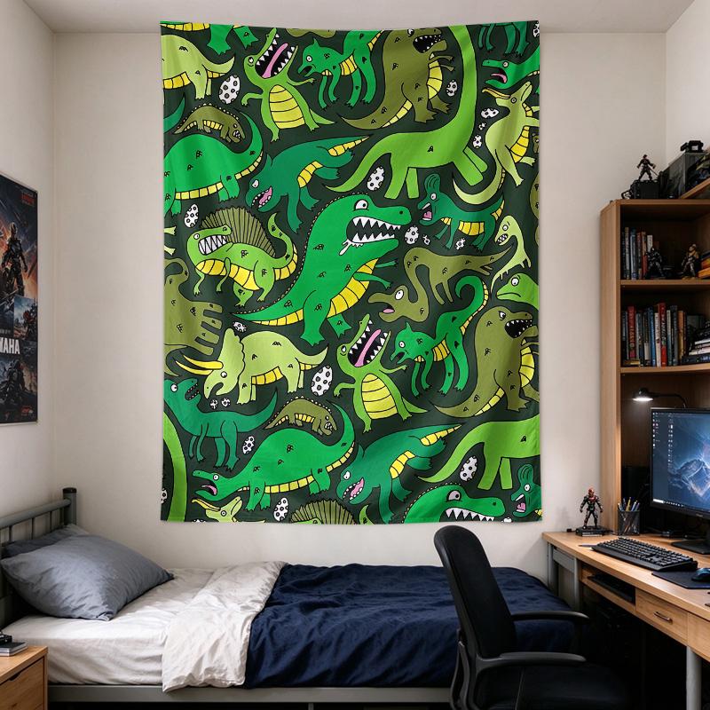 Hanging Tapestry for Wall Decor Green Cartoon Dinosaur Pattern Eggs Men Women Living Room Wall Art