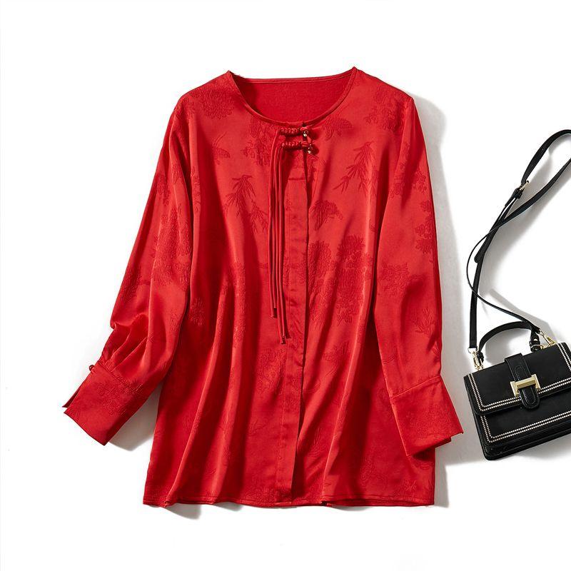 

Пейзаж Бамбуковый лес Темные линии! Вэньцзин Женская атласная футболка из тенселя и хлопка с длинным рукавом, пуловер, новогодняя красная базовая футболка Red 3XL