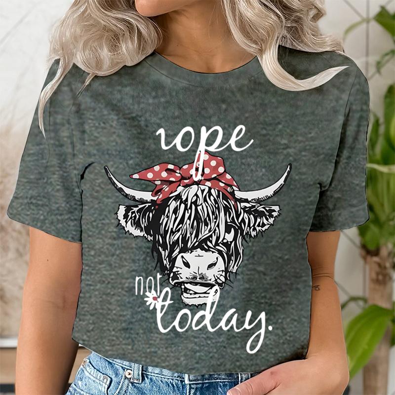 Women Funny T Shirts Cute Hairy Scottish Highland Cow TShirt Round Neck Casual Tops Women Cow Head  Letter Print Short Tshirt
