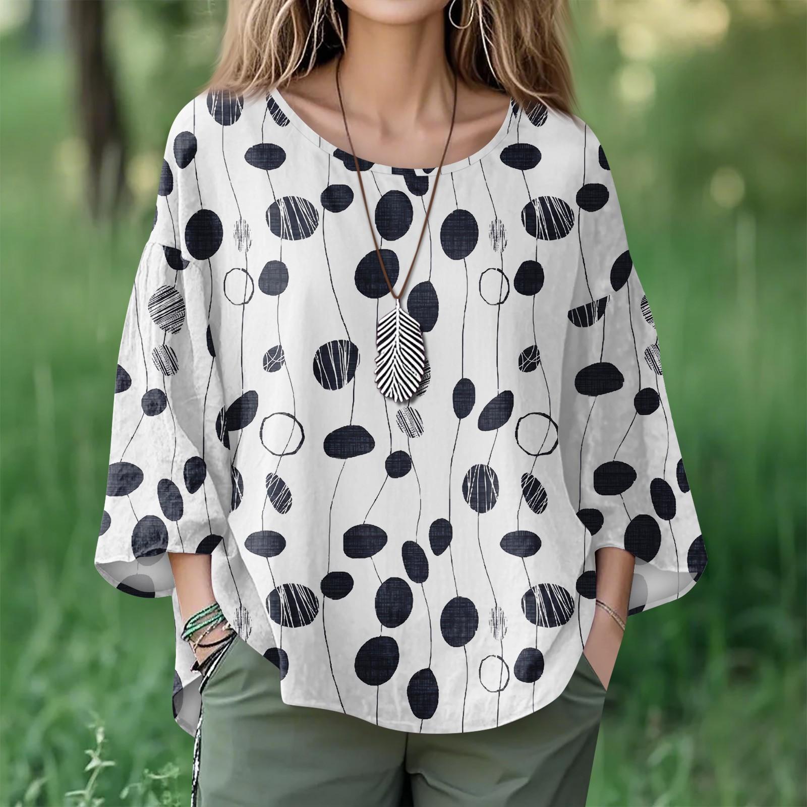 

Summer Tops For Women Cute O Neck 3/4 Sleeve Blouses Floral Print Top Casual Shirts XL