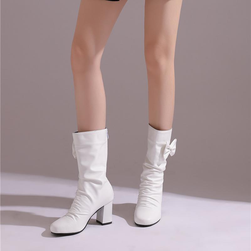 

Meotina Women Mid Calf Boots Round Toe Block High Heels Pleated Zipper Concise Ladies Fashion Shoes Autumn Winter White 46 34 белый