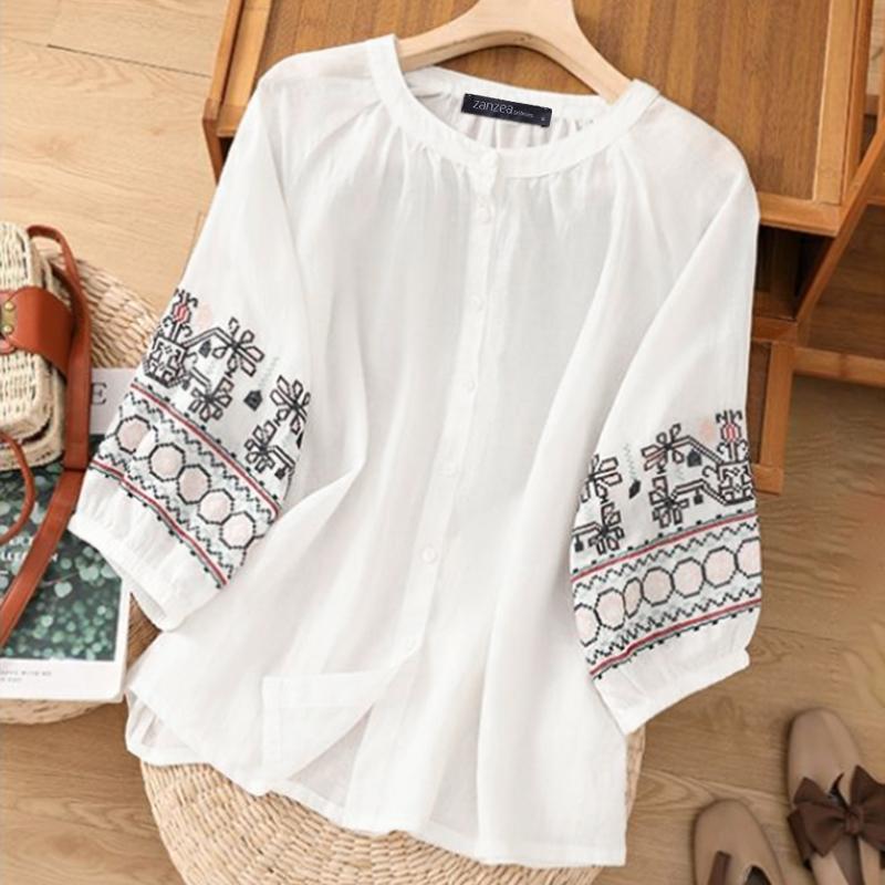 

ZANZEA Женская повседневная блузка с круглым вырезом и свободным принтом, рукав 3/4 5XL