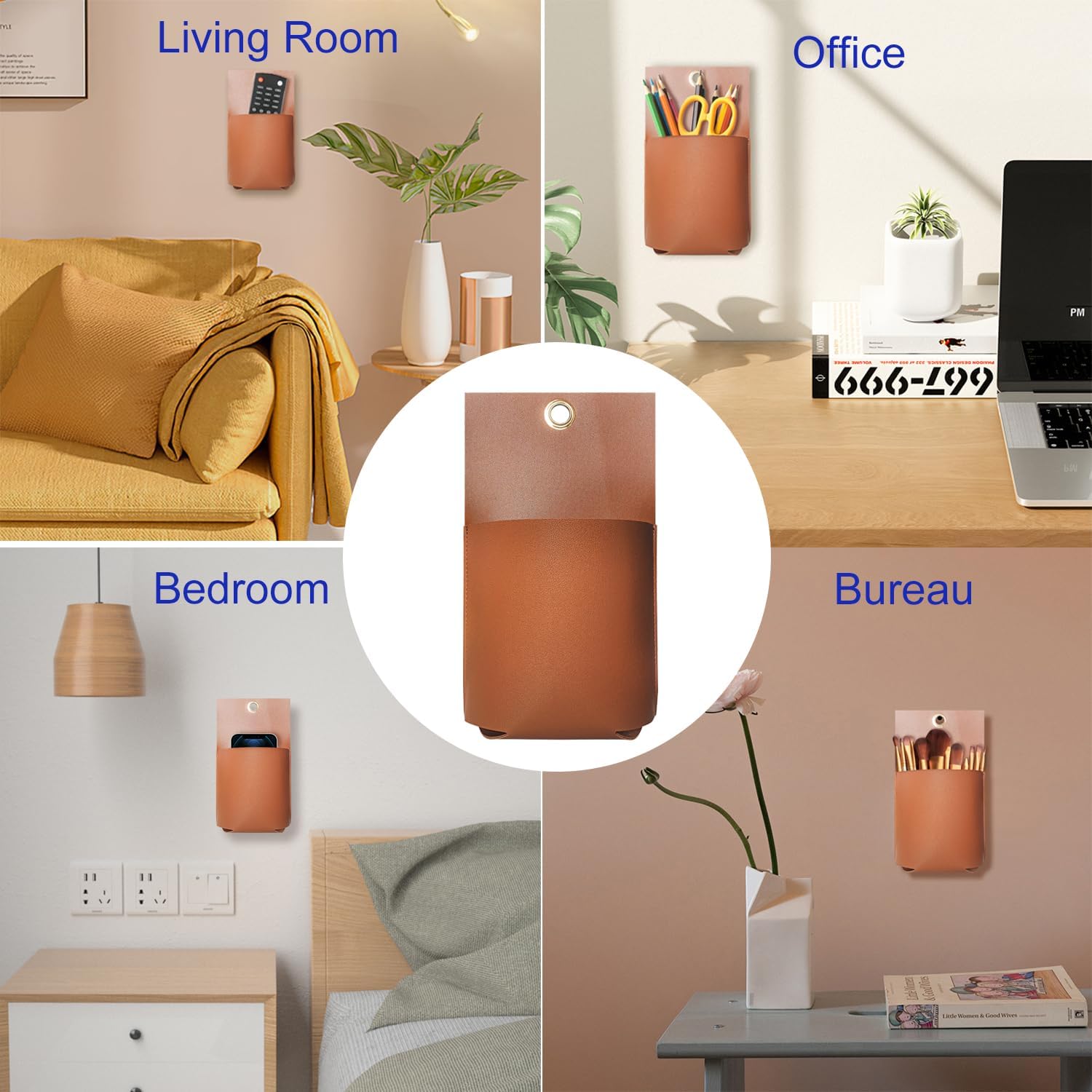 

2 шт. Кожаный настенный подвесной органайзер-сумка, Мягкий кожаный подвесной мешочек Водонепроницаемое настенное хранилище для хранения канцелярских товаров, документов,