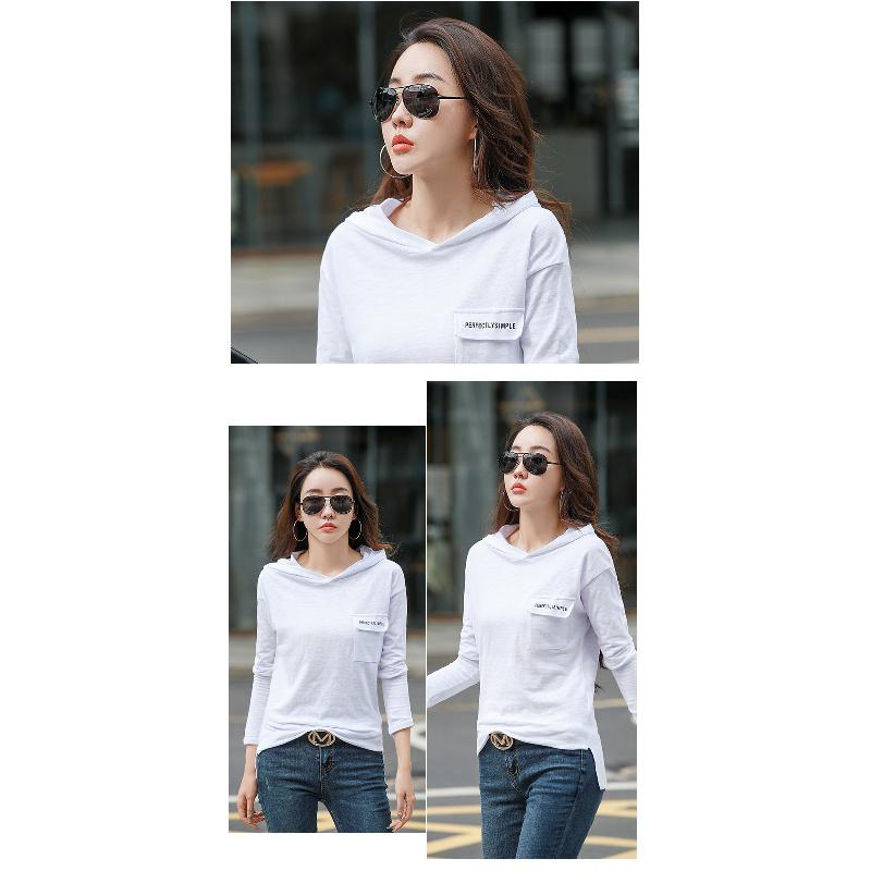 2026 Spring and Autumn Women's Pure Cotton Loose Hooded Long Sleeve T-Shirt, Comfortable Casual Top