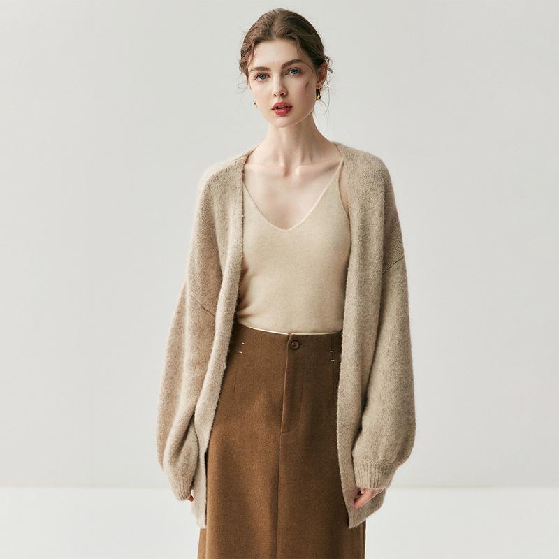 Women's Alpaca Cashmere Blend Collarless Cardigan - Thickened Long Sleeve Sweater for Fall/Winter