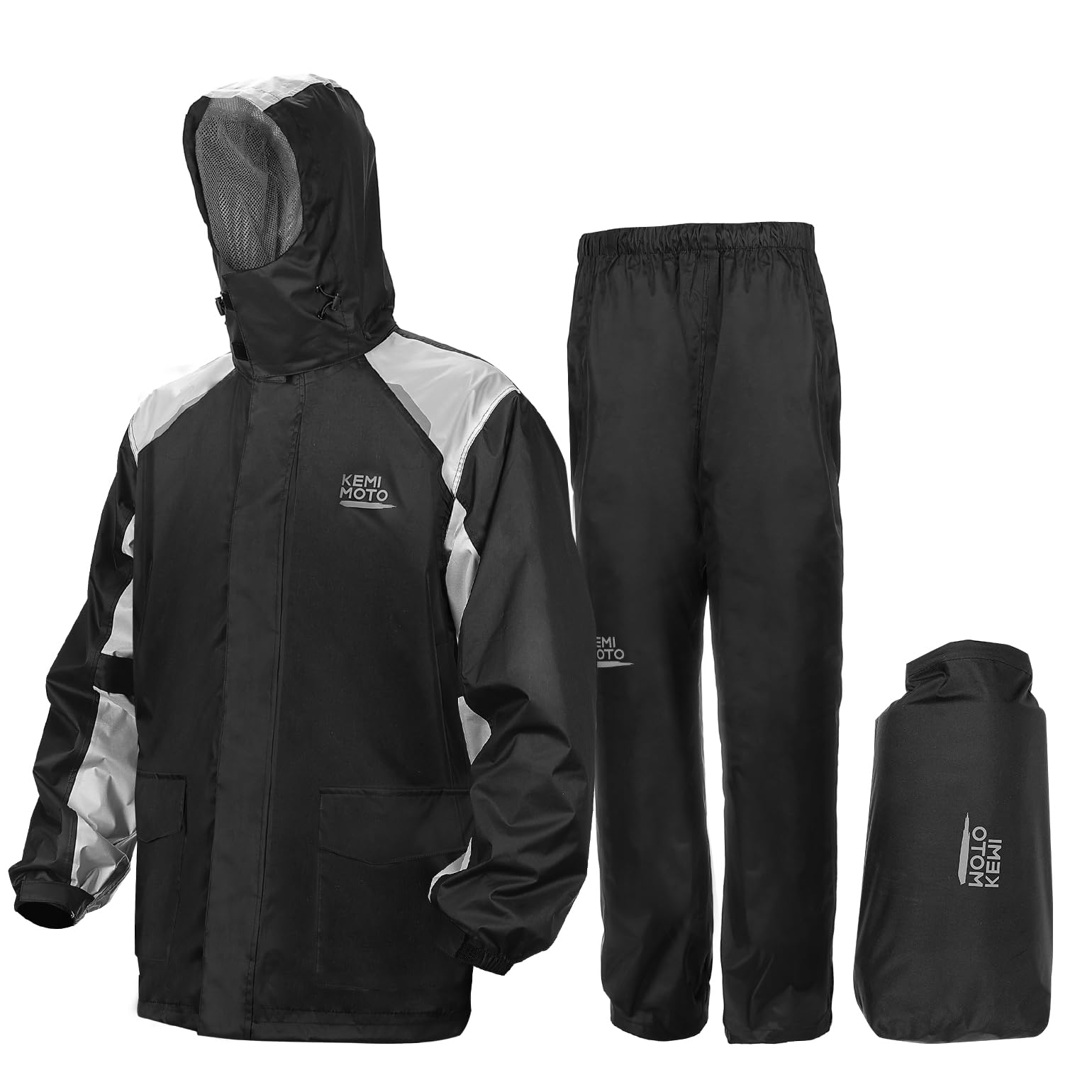 

KEMIMOTO Motorcycle Raincoat Set Waterproof Water Pressure with Reflective Size XL Men s (IPX6 & 15,000mm Resistance) Strips, Black, (KM1103)