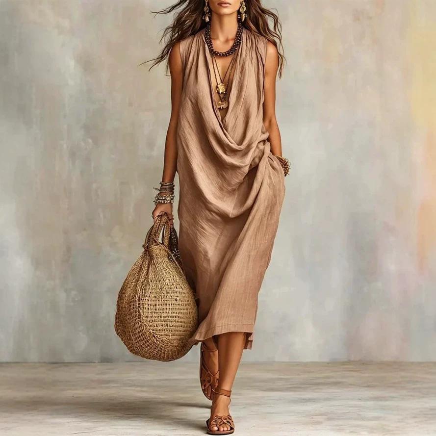 2026 European-American Women's Casual Loose Cotton Linen Swing Neck Dress