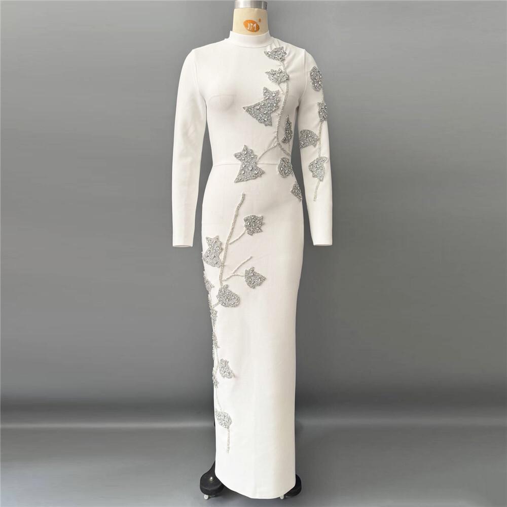 European-Style Rhinestone Beaded Slim Fit Evening Gown with Long Sleeves