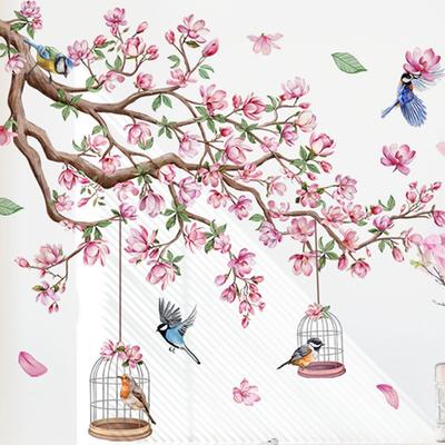 Stickers Muraux Oiseau Fleur de Pêcher Rose Pvc Auto-Adhésif Chambre Salon Art Déco Décalcomanie Papier Peint Bricolage Décoration Maison