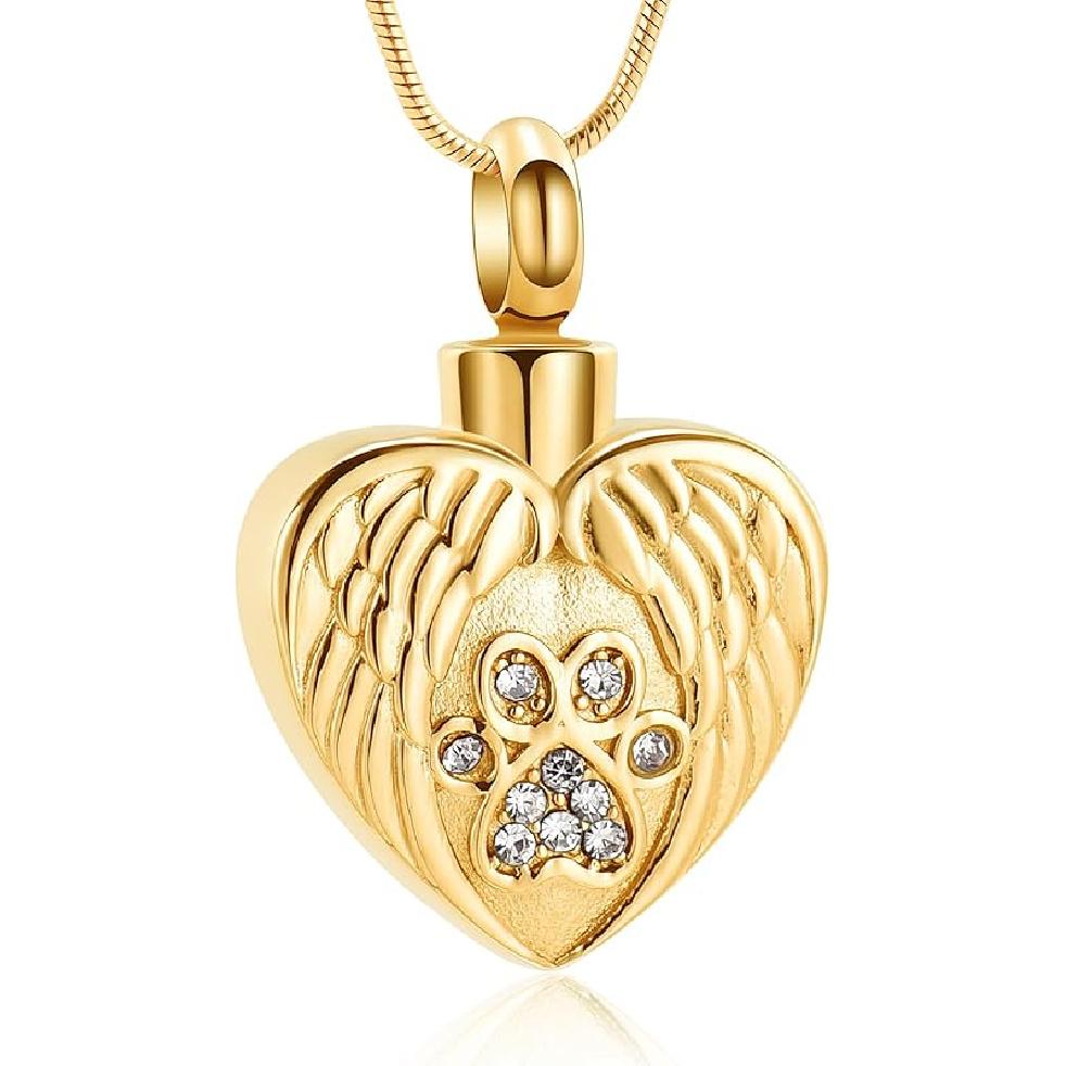 Heart Paw Print Urn Necklace for Ashes for Dog Cremation Jewelry Angel Wing Heart Urn Locket Pendant for Dog/Cat