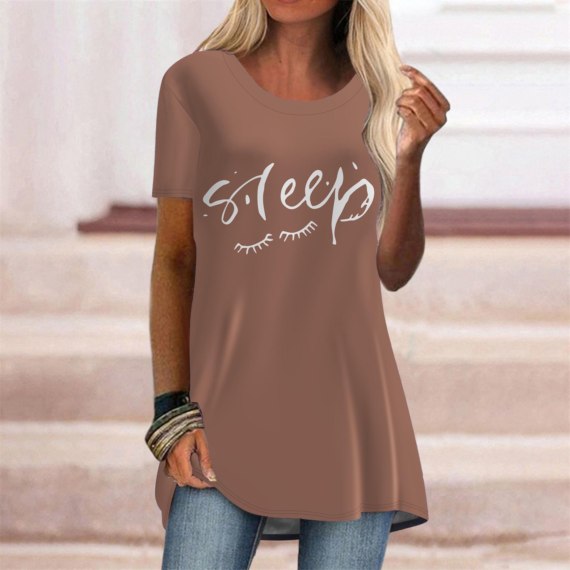 

Женская весенняя белая футболка с буквенным принтом больших размеров, удобная футболка с короткими рукавами и круглым воротником, повседневные мешковатые футболки средней длины 8XL коричневый