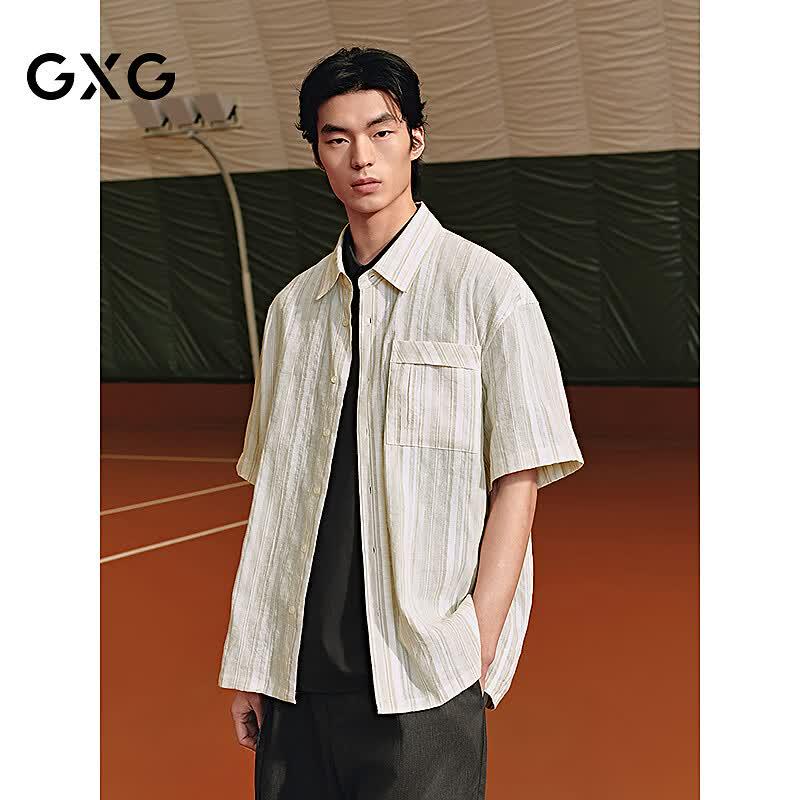 GXG Men s Striped Linen Blend Casual Short-Sleeve Shirt L