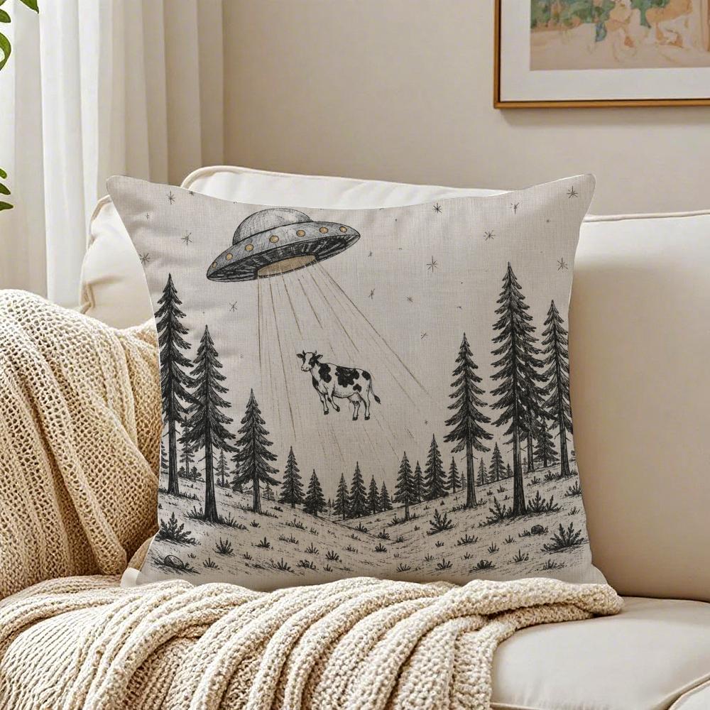 UFO Cow Sci Fi Aesthetic Forest Pillow Case Double-Sided Plush Sofa Cushion Covers Organic Breathable Invisible Zipper