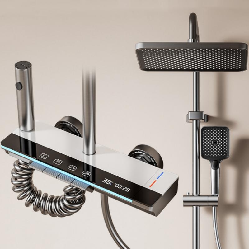 

Hot Cold Shower Set Faucet Temperature Digital Display Bathroom Wall Mounted 4 Ways Water Outlet Rainlfall Shower Faucet System
