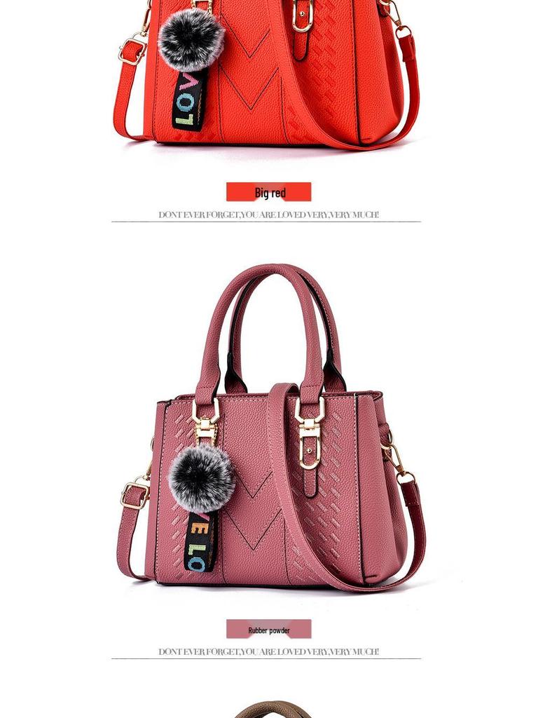 2024 New Korean Style Fashion Embroidered Women's Handbag with Large Capacity and Pom-Pom Pendant