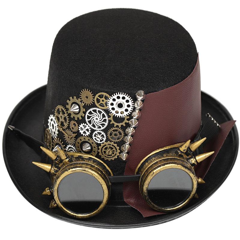 New Trendy Punk Vintage Steampunk Top Hat With Goggles Gothic Leather Headwear Holiday Cosplay Party Hat Halloween Accessories