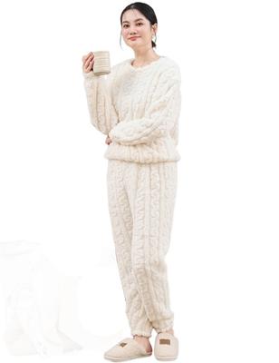 AILITI Fluffy Long Sleeve Top and Bottom Set with Flannel and Lightweight for Fall and Winter Women's Pajamas, Pants, Pajamas, Warm, Cute, (White)
