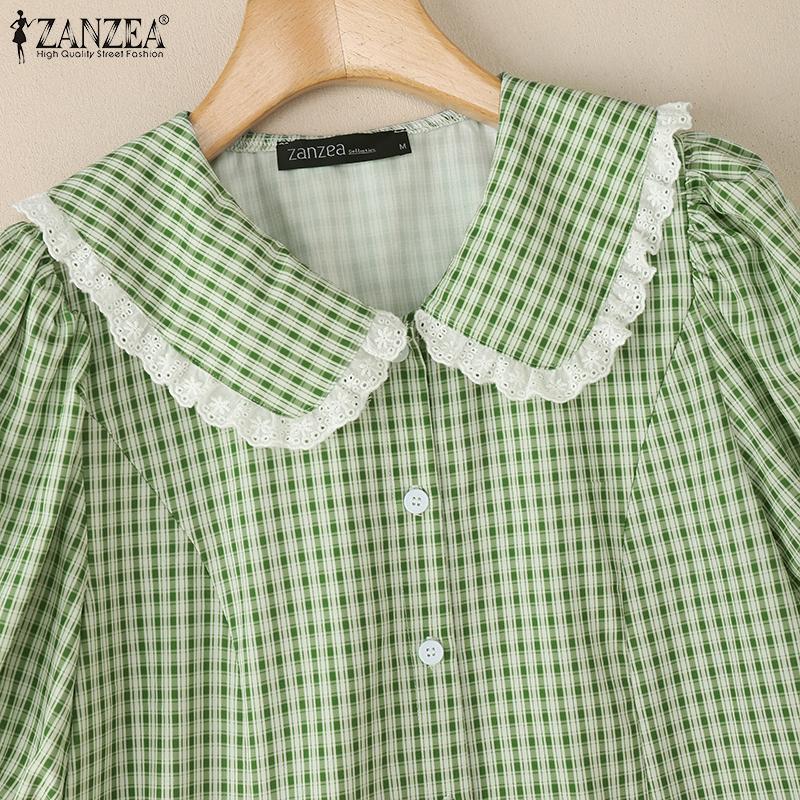 ZANZEA Women Casual Turn Down Collar Summer Short Sleeve Grid Blouse