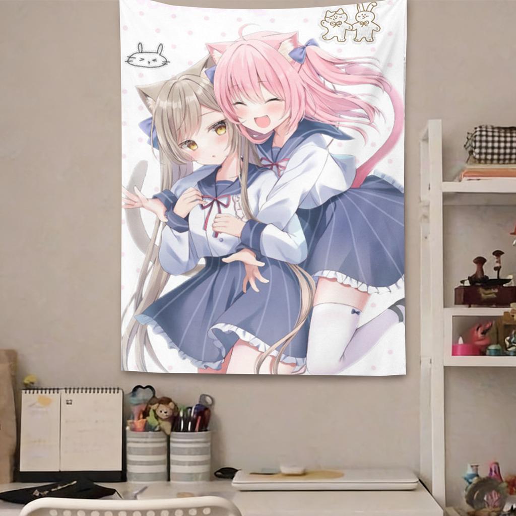 Kawaii Neko Girls Hugging Tapestry Anime Sailor Uniform Wall Hanging Pink Aesthetic Room Decor Cool Room Stuff Background Cloth