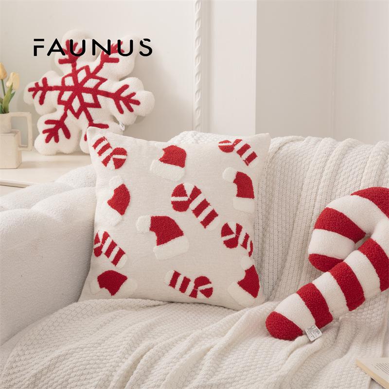 Christmas Embroidery Candy Cane & Santa Hat Tufted Throw Pillow Cover