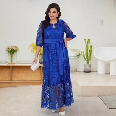 Plus Size Women Evening Dress Lace Hollow Out See-through Embroidery Round Neck Three-quarter Sleeves Double-layered Belted Waist Party Maxi Dress