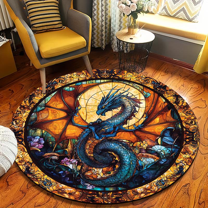 Stained Glass Dragon & Floral Round Rug – Machine Washable Polyester Mat for Living Room, Hallway & Studio Decor