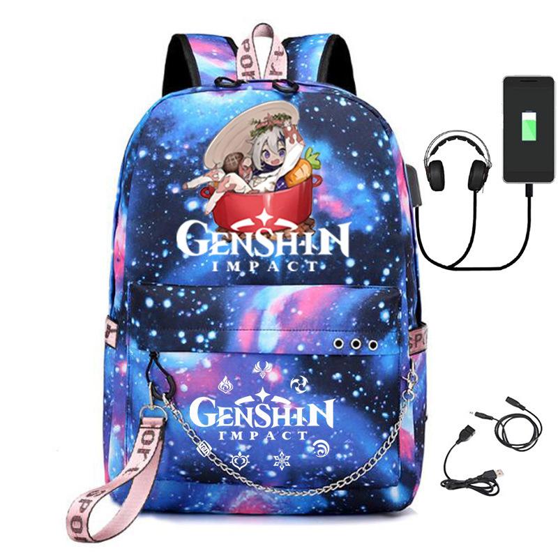 Printed Iron Chain Usbgenshinimpact Yuanshen Backpack Leisure Middle School Student Travel School Bag