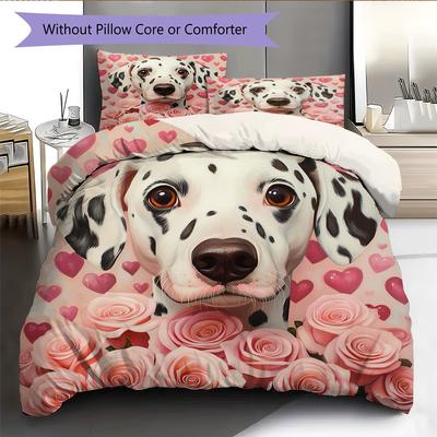 Dalmatian and Rose Pattern Bedding Home Decoration Birthday Gift (1 * Duvet Cover + 2 * Pillowcase, Without Core)