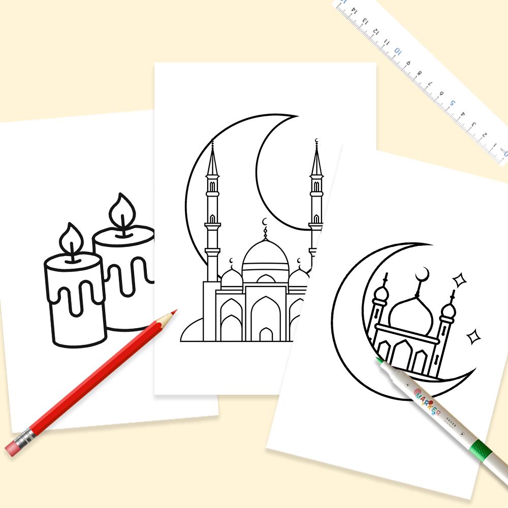 32 Stück, Eid Doodle Malvorlagen, DIY Malvorlagen, Eid Malkarten, Mond, Sterne, Laternen Familien- und Partyaktivitäten