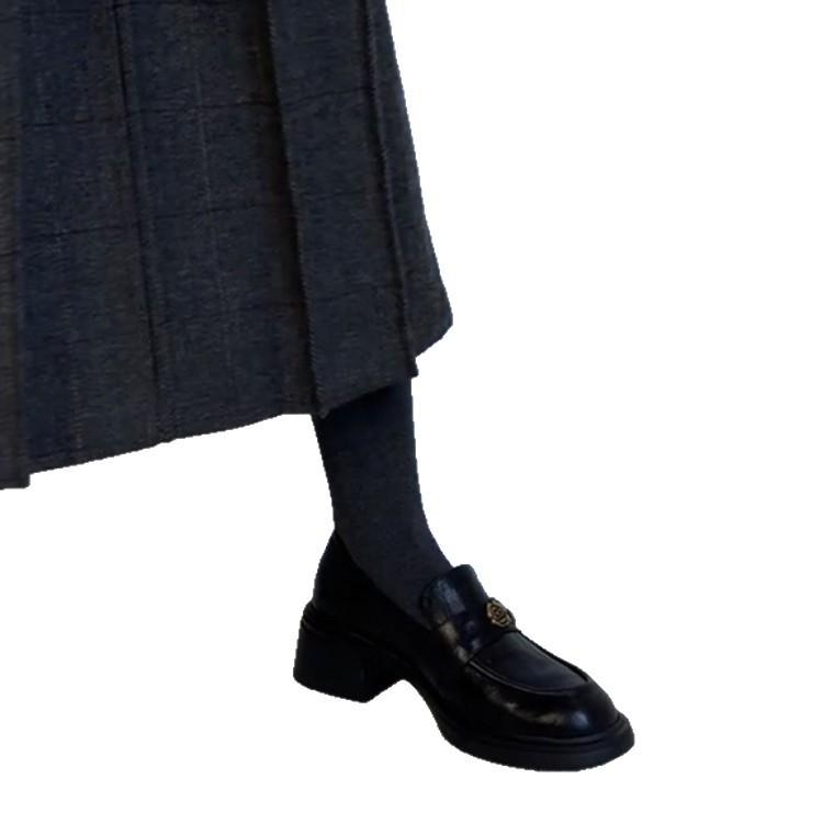 Cowhide Version~ Leather Thick Heel British Style Camellia Round Head One Pedal Loafers Women's Retro Small Leather Shoes Single Shoes