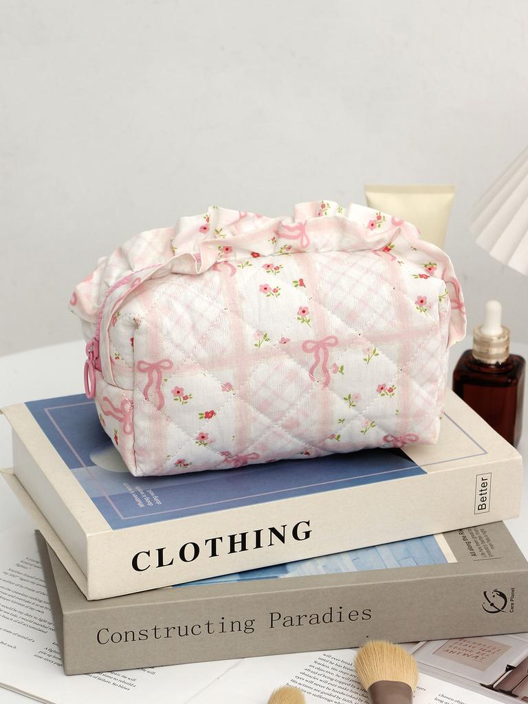 New Pink Bow Cherry Print Makeup Bag for Women Large Capacity Quilted Cosmetic Organizer Travel Toiletry Pouch Portable Wash Bag