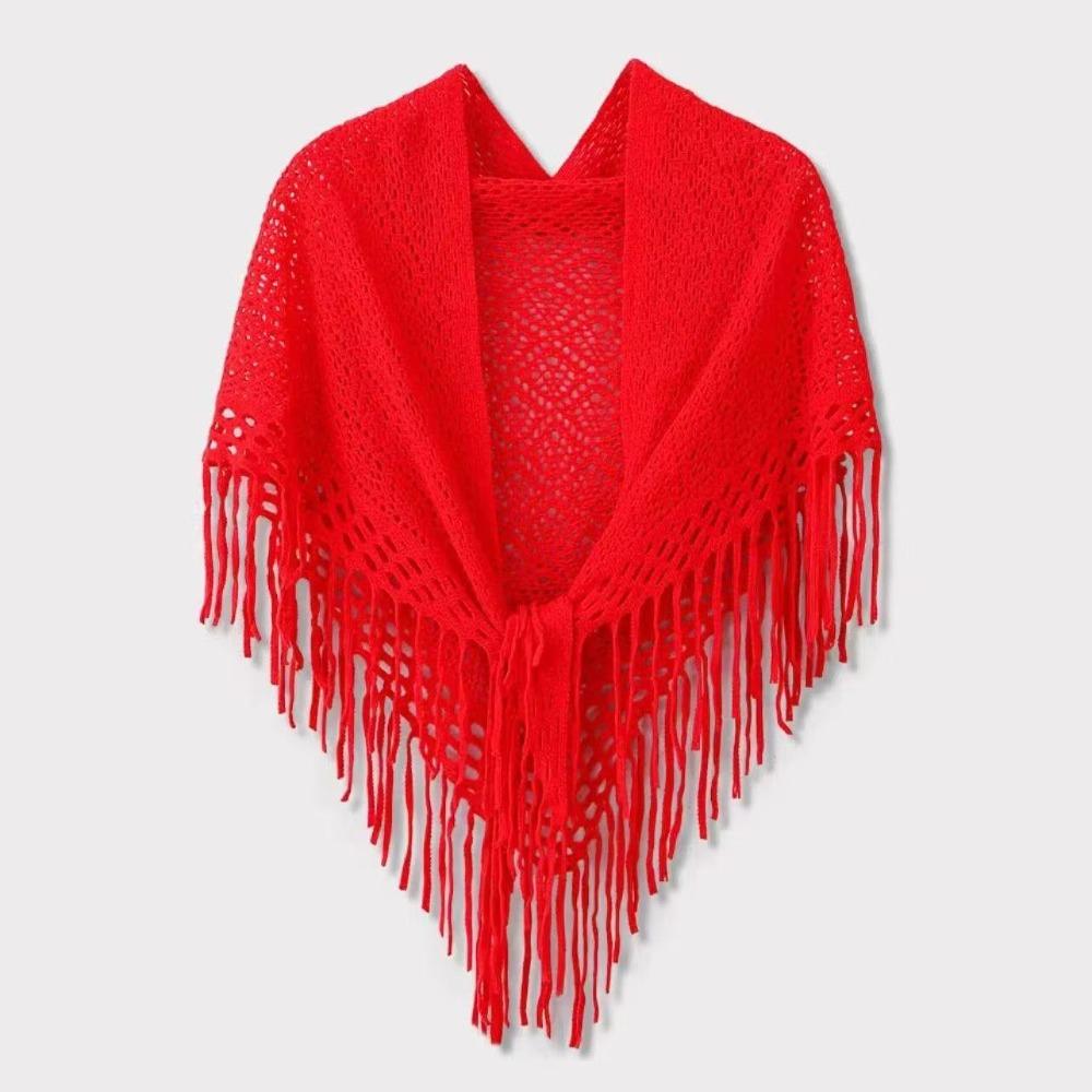 Cloak Tassels Shawl Cape Hollow Out Scarves Simple Knitted Triangle Scarf Summer красный