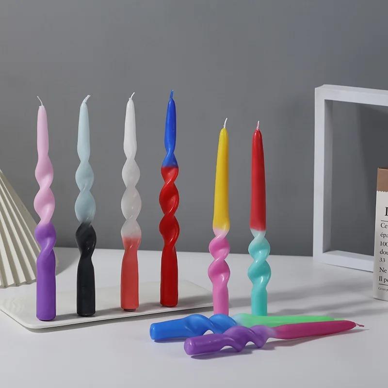 Handmade Spiral Twisted Long Stick Candle Two-Tone Gradient Macaron Paraffin Smokeless Taper Candle Minimalist European Tabletop  Decoration