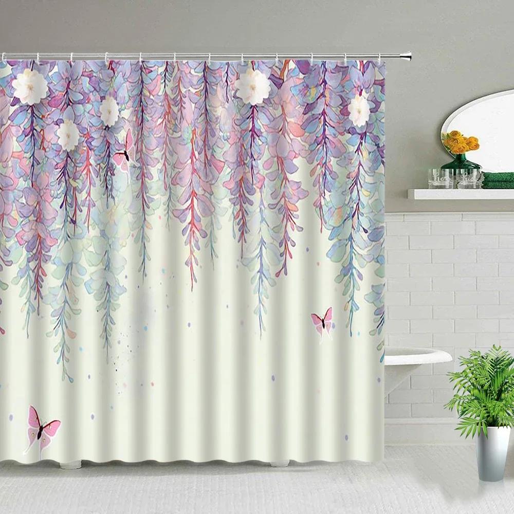 Flowers Plant Shower Curtains Beautiful Flower Purple Bathroom Decor Bathroom Screen Polyester Frabic Waterproof Cloth Curtains