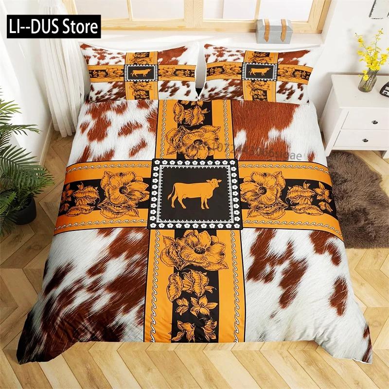 Cowhide Print Duvet Cover Queen Microfiber Western Farmhouse Animal Skin Fur Bedding Set 3pcs for Kids Teen Cow Quilt Cover